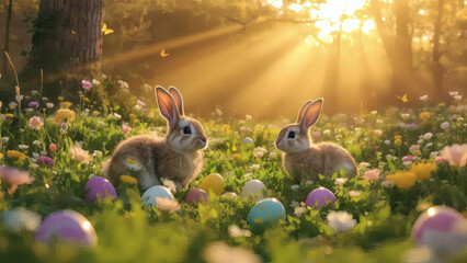 Two cute Easter bunnies in a sunlit spring meadow filled with colorful eggs and wildflowers at sunrise.