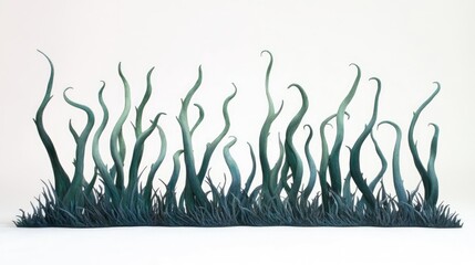Stylized Overgrown Grass Stems in Teal and Green on White Background