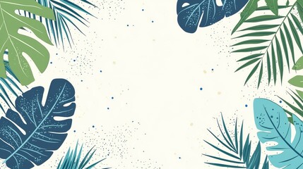 Vibrant Botanical Illustration: Green and Blue Tropical Leaves with Colorful Dots on Light Background