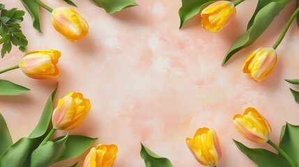 Soft Peach and Ivory Background with Yellow Tulips Bordering the Frame, Ideal for Spring or Feminine Designs