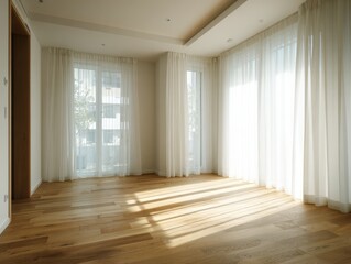 A room with white curtains and wooden floors. The curtains are open, letting in sunlight. The room is empty
