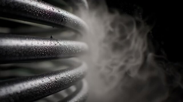 Overheating metal coils releasing steam and condensation, symbolizing thermal stress and high-temperature industrial environments.