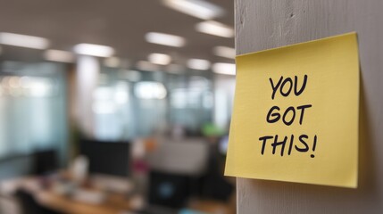 Sticky note with "you got this" message on an office wall, motivation and encouragement concept for success background.