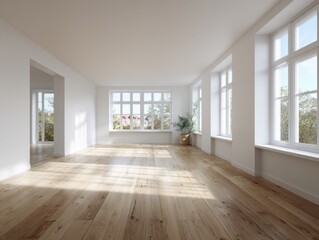 A large open room with white walls and wooden floors. There is a potted plant in the middle of the room