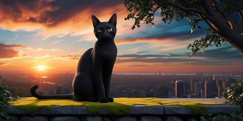 Silhouette of Black Cat on Stone Wall as Sun Sets Over Cityscape