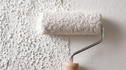 Obraz premium Close up of a painting roller applying white color to a textured wall. Home improvement and renovation concept for apartment.