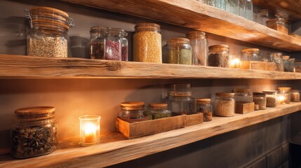 Warm glow from candles illuminating glass jars filled with dry food ingredients on rustic wooden shelves. Cozy pantry storage.