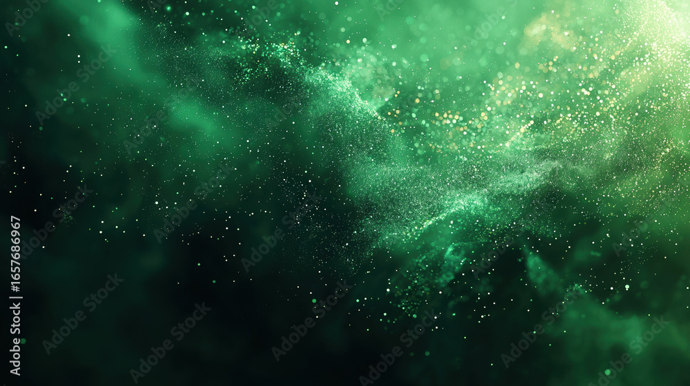 Sticker a green background with particles or elements randomly drifting in space.