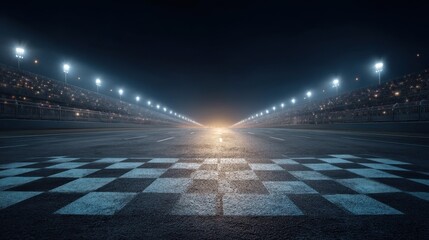 Empty illuminated car racing track with grandstand and finish line. Night racetrack sport arena ready for championship. Speed competition concept.