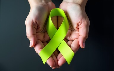 Top view of hands holding lime green color ribbon on dark background. Non-hodgkin lymphoma cancer, lyme disease, muscular dystrophy and postpartum depression awareness concept. High quality