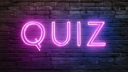 Pink neon light spelling quiz on black brick wall. Text sign for game show, trivia night question mark.