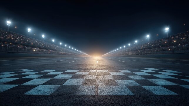 Empty illuminated car racing track with grandstand and finish line. Night racetrack sport arena ready for championship. Speed competition concept. - Powered by Adobe