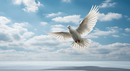 Fototapeta premium A white dove in flight against a beautiful sky.