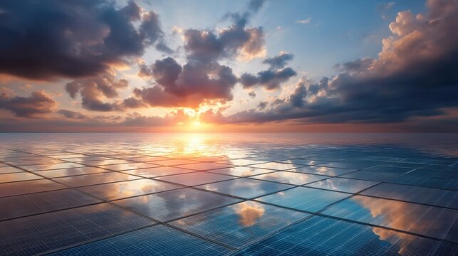 Solar panel surface reflecting sunset sky and clouds. Clean energy innovation and renewable power generation.