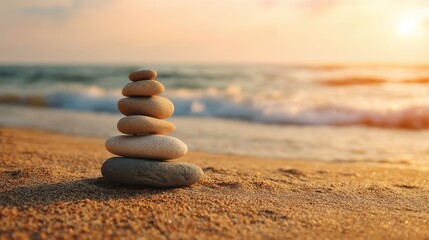 Stack of balanced stones on ocean beach. Calm composition. Concept of spiritual harmony, healthy outdoor lifestyle, mindfulness for meditation.