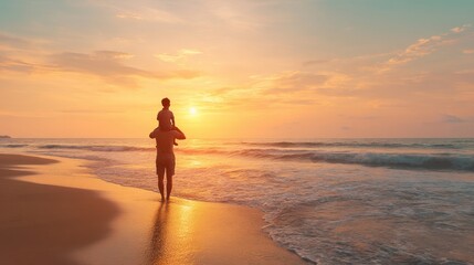 Fototapeta premium A man carrying a child on his shoulders walks on a beach at sunset. Family bonding and summer vacation concept for travel agencies.