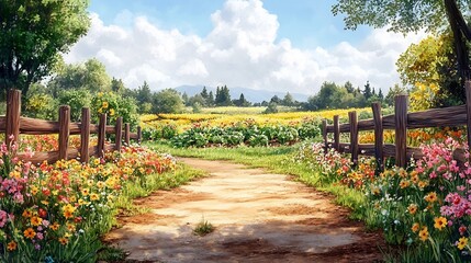 Garden retirement card with vegetable patches and blooming flowers symbolizing growth and joy