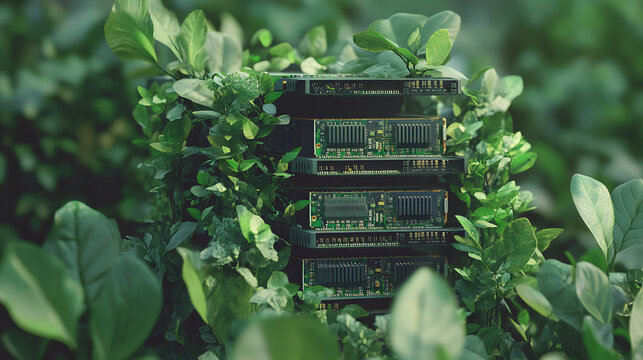 Sustainable technology innovation with circuits integrated into lush green foliage for eco-friendly computing solutions.
