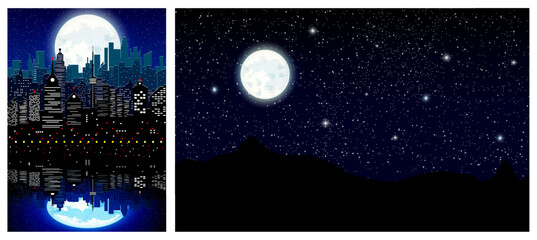 Naklejka premium Two flat style illustrations: a night city skyline with a full moon and reflections, and a starry sky over mountains.