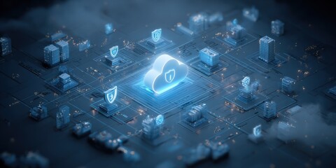 Naklejka premium Secure Cloud Network Technology Illustration with Cloud Icon and Shield for Data Protection