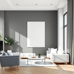 Modern living room with gray walls and natural light