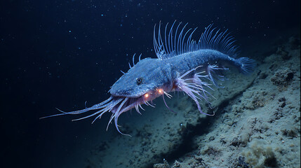 Deep sea fish bathysaurus ferox underwater creature with bioluminescent barbels and dorsal spines ocean life