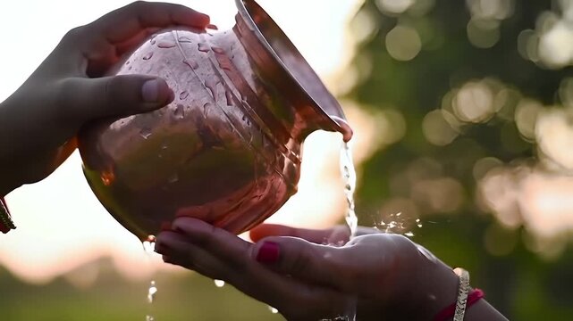 chhath puja pouring water from copper pot during religious ritual
