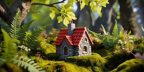 Small Cottage with Red Roof Nestled in Green Foliage and Trees