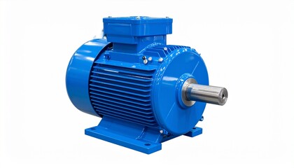 Blue electric motor with cooling fins, brass shaft, and top-mounted connection box, isolated on white background.