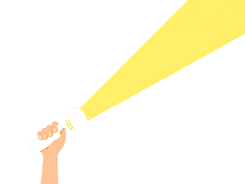 Hand holding flashlight emitting yellow beam isolated on a transparent background yellow light dark