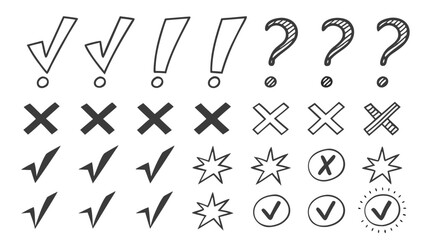Check mark cross exclamation question mark star burst