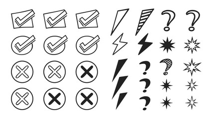 Check mark cross question mark lightning bolt starburst icons