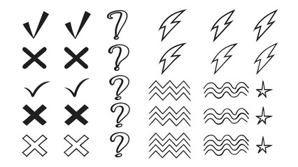 Check mark cross question mark lightning wave star icons