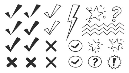 Checkmark cross star lightning question mark exclamation