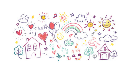 Cheerful doodle art with houses suns and hearts happy