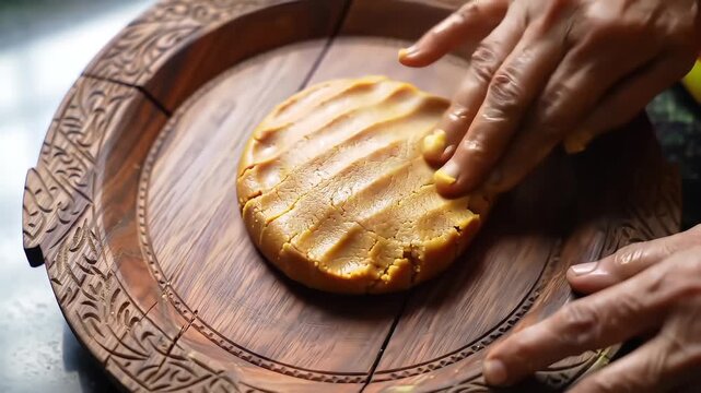 chhath puja hands shaping traditional indian sweet dough on wooden plate