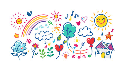 Cheerful doodle art with suns rainbows and music notes