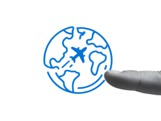 Blue outline globe with airplane and human finger isolated on a transparent background world travel