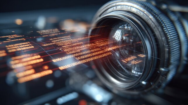 Camera Lens Capturing Digital Data Stream: Modern Technology and High-Tech Optical Equipment