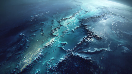 Aerial view of ocean floor topography, deep sea landscape, underwater mountain range, marine geology