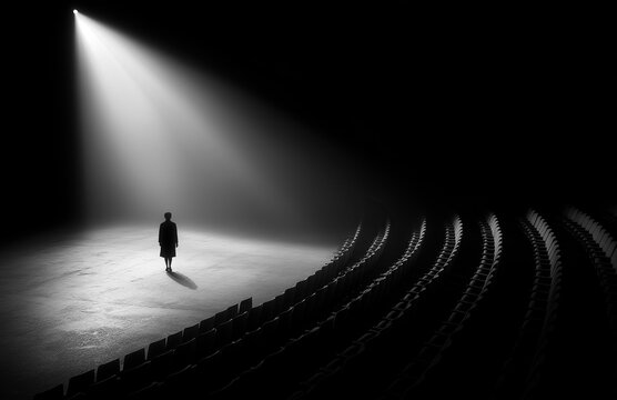 Lone figure on empty stage illuminated by soft spotlight surrounded by rows of empty seats creating timeless atmosphere of magic and solitude - Powered by Adobe