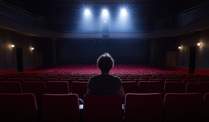 Person sitting in empty cinema seen from behind with stage in front surrounded by red velvet chairs and atmospheric spotlights