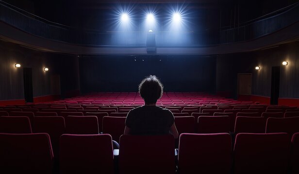Person sitting in empty cinema seen from behind with stage in front surrounded by red velvet chairs and atmospheric spotlights