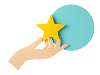 Wooden hand holding yellow star against turquoise circle isolated on a transparent background award achievement