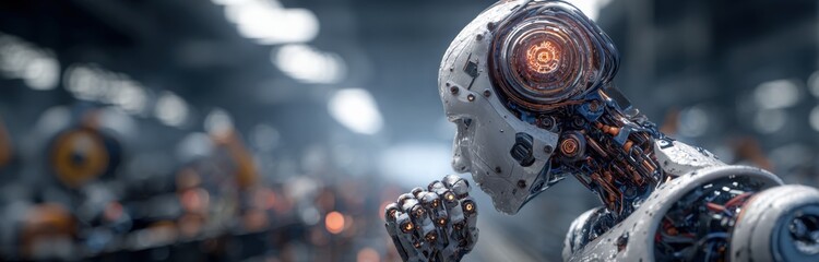 Pensive humanoid robot in industrial setting contemplating future, artificial intelligence and technological advancement.
