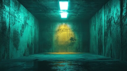 A dimly lit, damp concrete chamber with teal and yellow lighting, showing textured walls and a reflective floor
