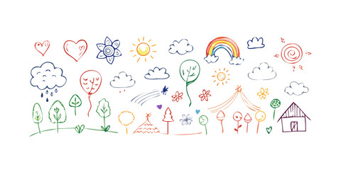 Colorful doodle art with nature elements and house