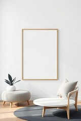 Minimalist living room scene with blank poster frame and modern furniture