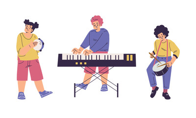 A Colorful Musical Trio Enthusiastically Playing Various Instruments Together in Harmony