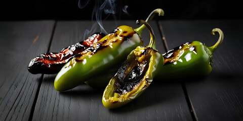 Grilled Chili Peppers with Charred Skin on Dark Wooden Surface